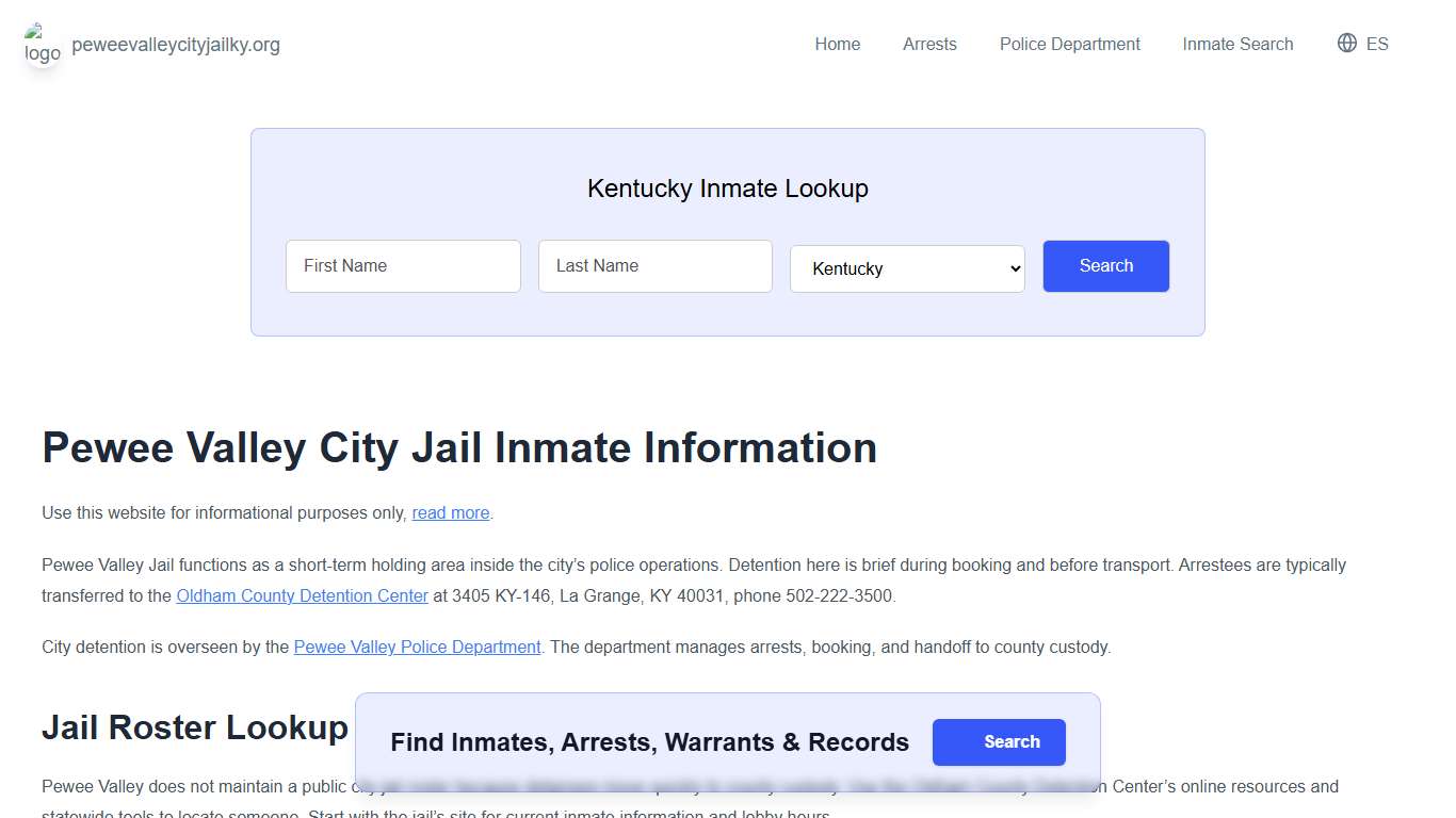Pewee Valley Jail, KY Inmate Roster, Municipal Jail Info
