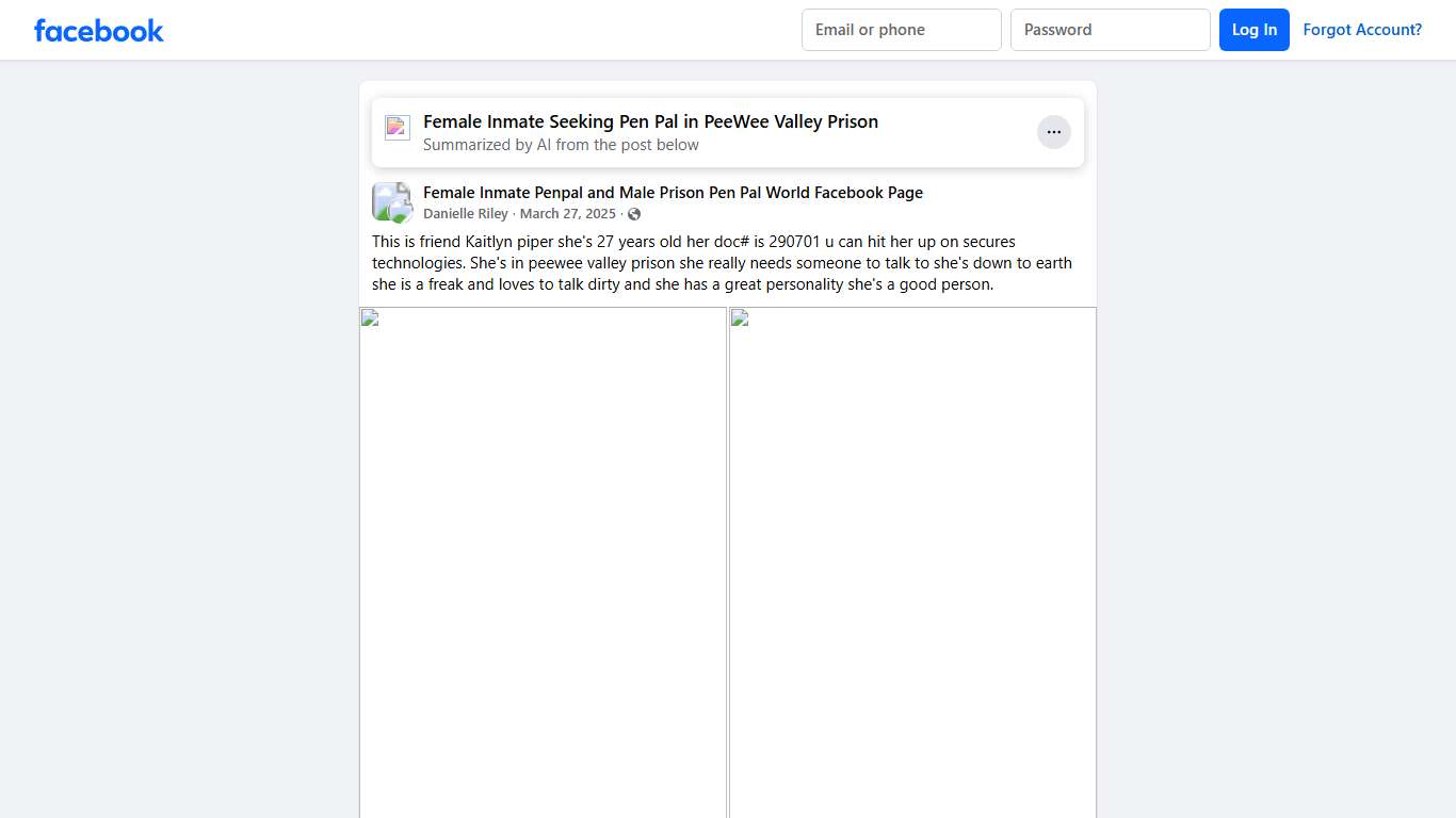 Female Inmate Penpal and Male Prison Pen Pal World Facebook Page | This is friend Kaitlyn piper she's 27 years old her doc# is 290701 u can hit her up on secures technologies | Facebook